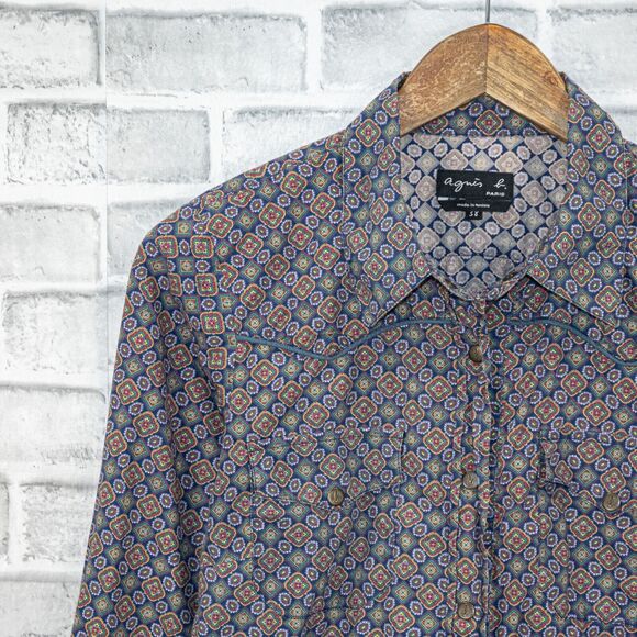 Agnes b. Paris Men's Western geo Print Shirt metal buttons size 38 - Picture 6 of 6